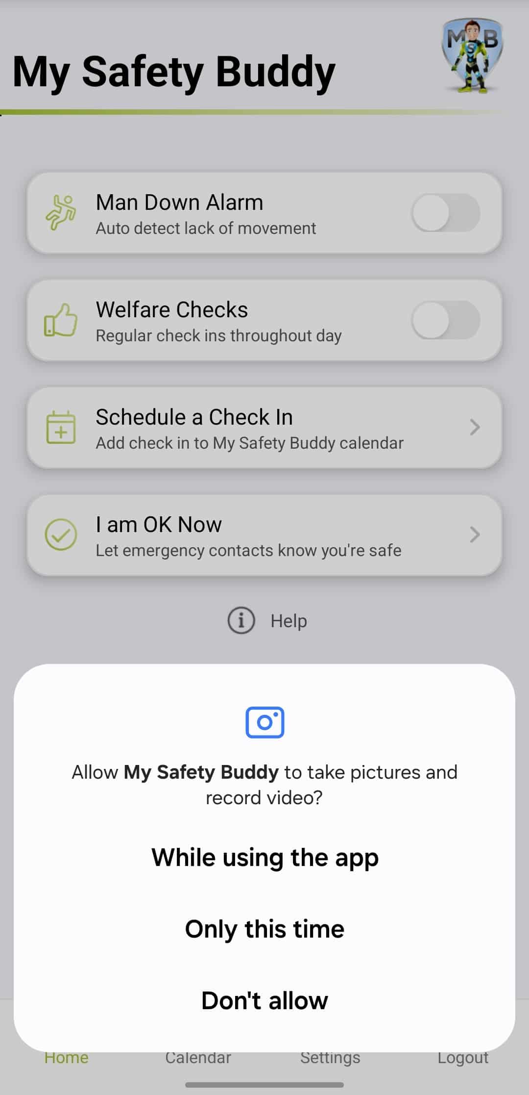 My Safety Buddy Permissions - Take Pictures and record video