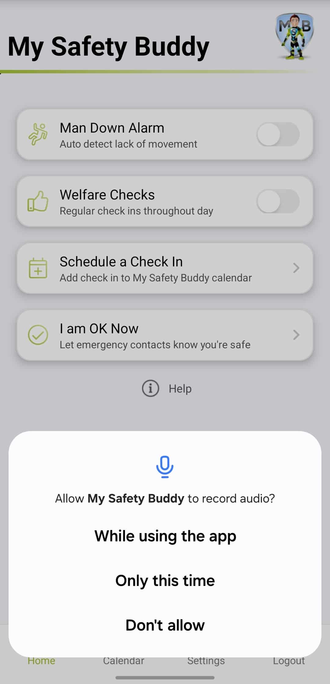 My Safety Buddy Permissions - Record audio